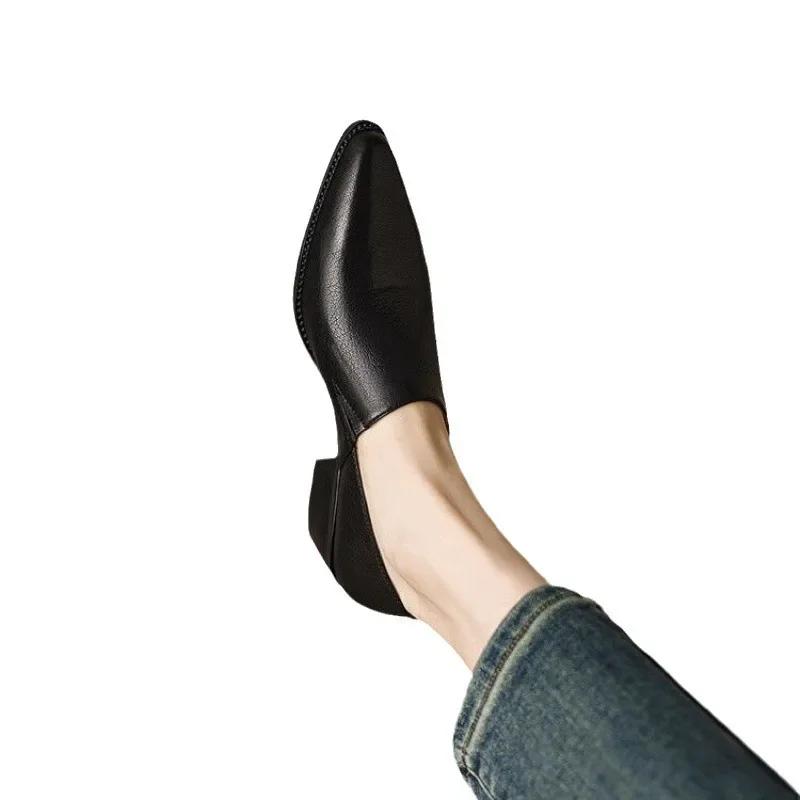 Кожаные туфли-лодочки с глубоким вырезом для женщин, весна-осень, новые, на толстом каблуке, с острым носком, ретро, маленькие кожаные туфли для женщин, слипоны, средний каблук
