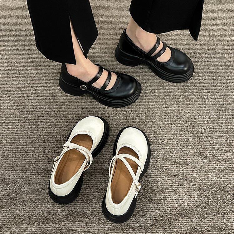 Black versatile platform British style small leather shoes women's 2025 new summer retro round head thick heel Mary Jane shoes