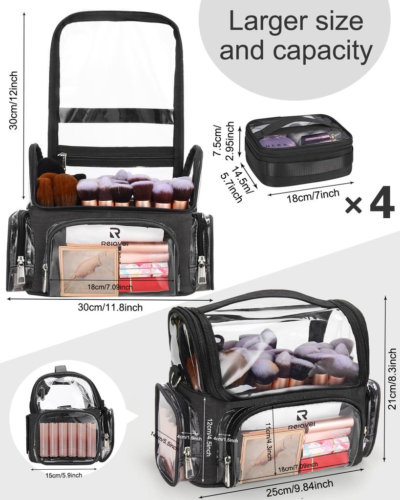Relavel Professional Makeup Brush Case 4 Mini Pouches Large Holder Travel Bag Clear Waterproof PVC+Nylon Zipper Closure