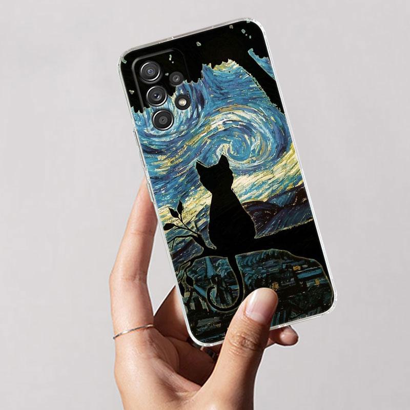 Кот Ван Гог Звездное небо Для Samsung Galaxy A55 Чехол A54 A52 A53 5G A15 A14 A13 A23 A51 A34 A35 A33 A32 A72 A71 Прозрачный чехол для телефона