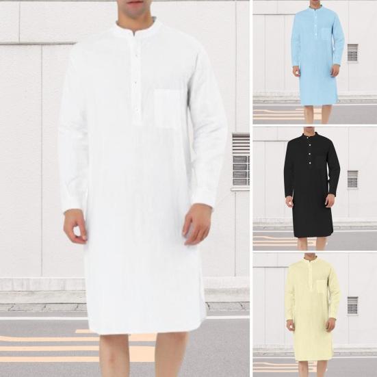 Мужская рубашка, халат с длинным рукавом и воротником-стойкой, накладной карман, полуоднобортный однобортный однотонный мужской топ до колена на весну и осень