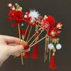 Red Flower Chinese Headwear Classic Hanfu Hairpin Hair Ornaments Pendant Hair Stick Women