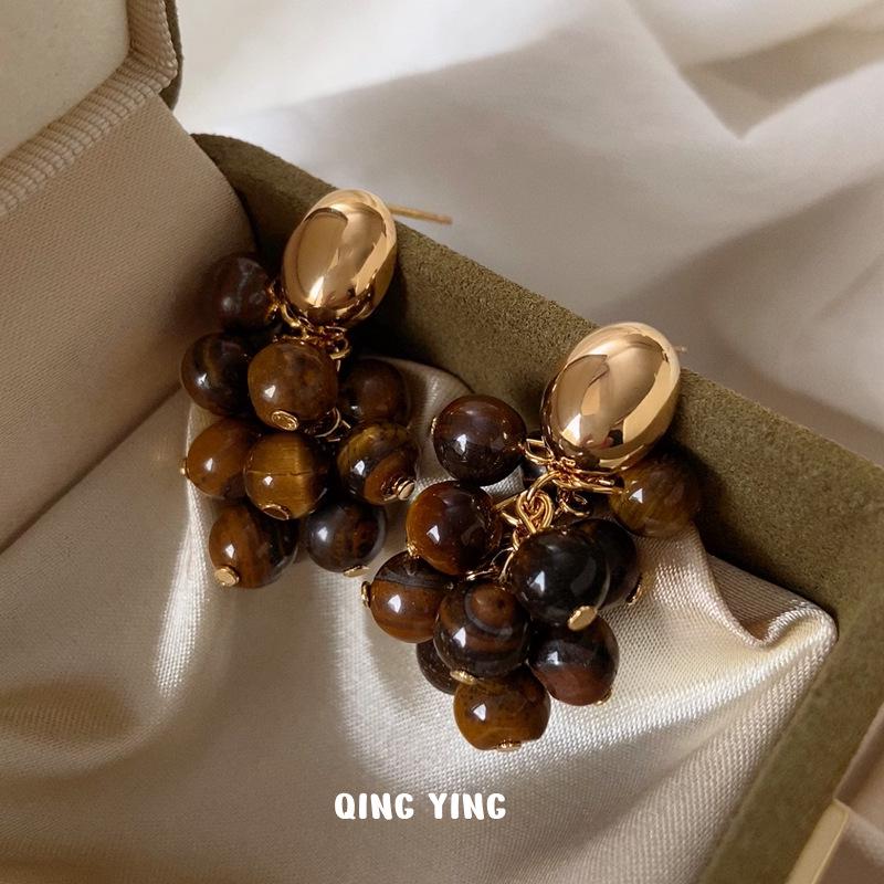 Винтажные серьги-кисточки из тигрового глаза: Осенне-Зимняя Коллекция для Женщин - Премиум, Дизайн с Натуральной Гроздью Винограда, Роскошный и Уникальный.