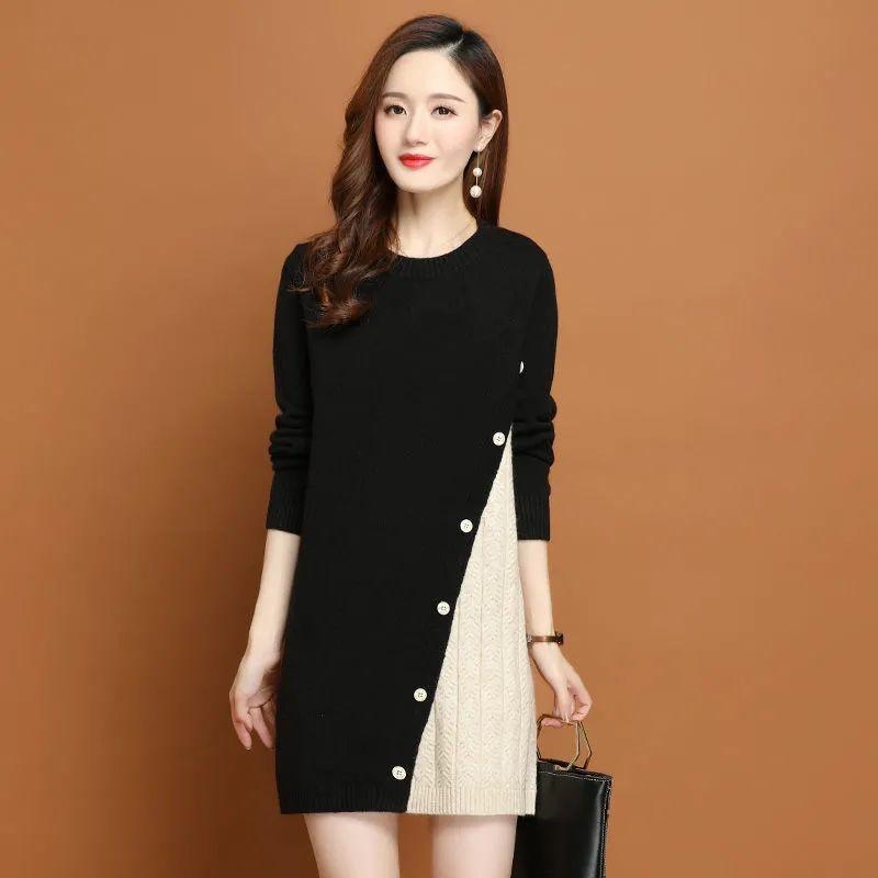 Трикотаж, пуловер, женский свитер средней длины, универсальный свитер с круглым вырезом, осенне-зимний новый вязаный свитер