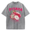 Vintage Woman Washed T-Shirts Fresh Pitaya Printing Tees Crewneck Distressed Cotton Oversize Short Sleeve Female Clothes