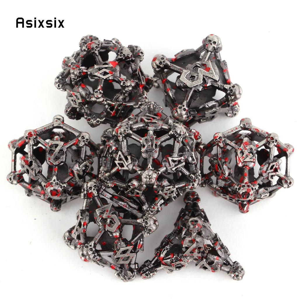 7 Pcs Silver Red Skull Head Metal Dice Hollow Metal Polyhedral Dice Set Suitable for Role-Playing RPG Board Game Card Game