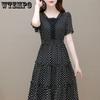 Женское шикарное французское кружевное платье с вырезом в горошек, летнее платье с короткими рукавами и рюшами для торта, маленькие черные платья с эластичной талией
