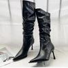 Fashion Fashion Pointed Pleated High Barrel Boots Women Trendy Thin Heel Stacked Boots High Heel Knee High Long Barrel Boots 2024