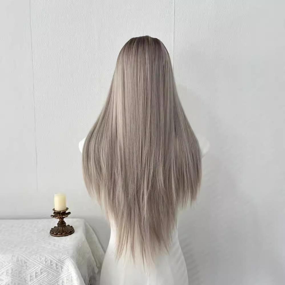 Азиатский длинный прямой парик на кружевной основе - Градиентное окрашивание, пробор посередине, полное покрытие головы, натуральный вид для женщин