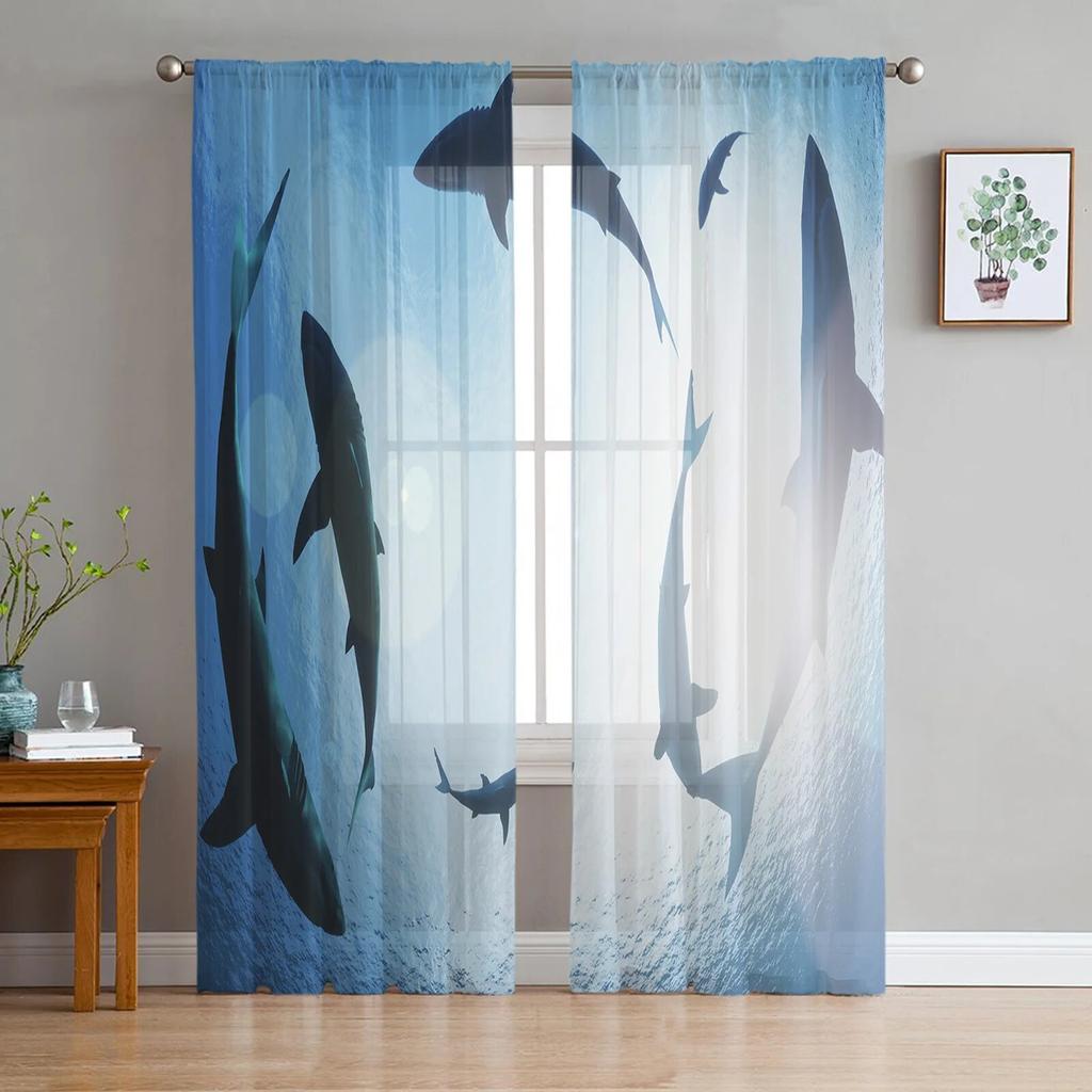 Shark Silhouette Curtain Window Tulle For Living Room Bedroom The Kitchen Window Treatment Decorations Curtains