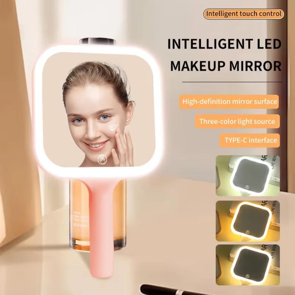 Зеркало для макияжа LED Smart с 3 цветами света, сенсорный экран, регулируемая яркость, диммируемые огни, ручное портативное