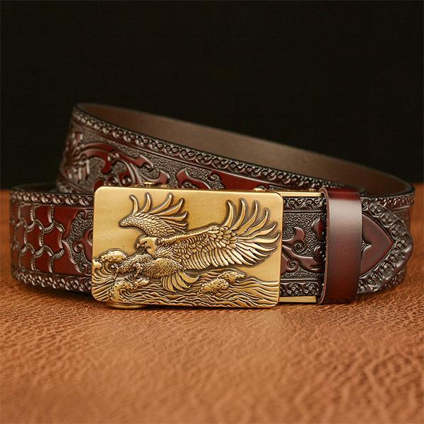 Belt Genuine Leather Belt for Men Carving Pattern Animal Eagle Automatic Buckle Belt Strap