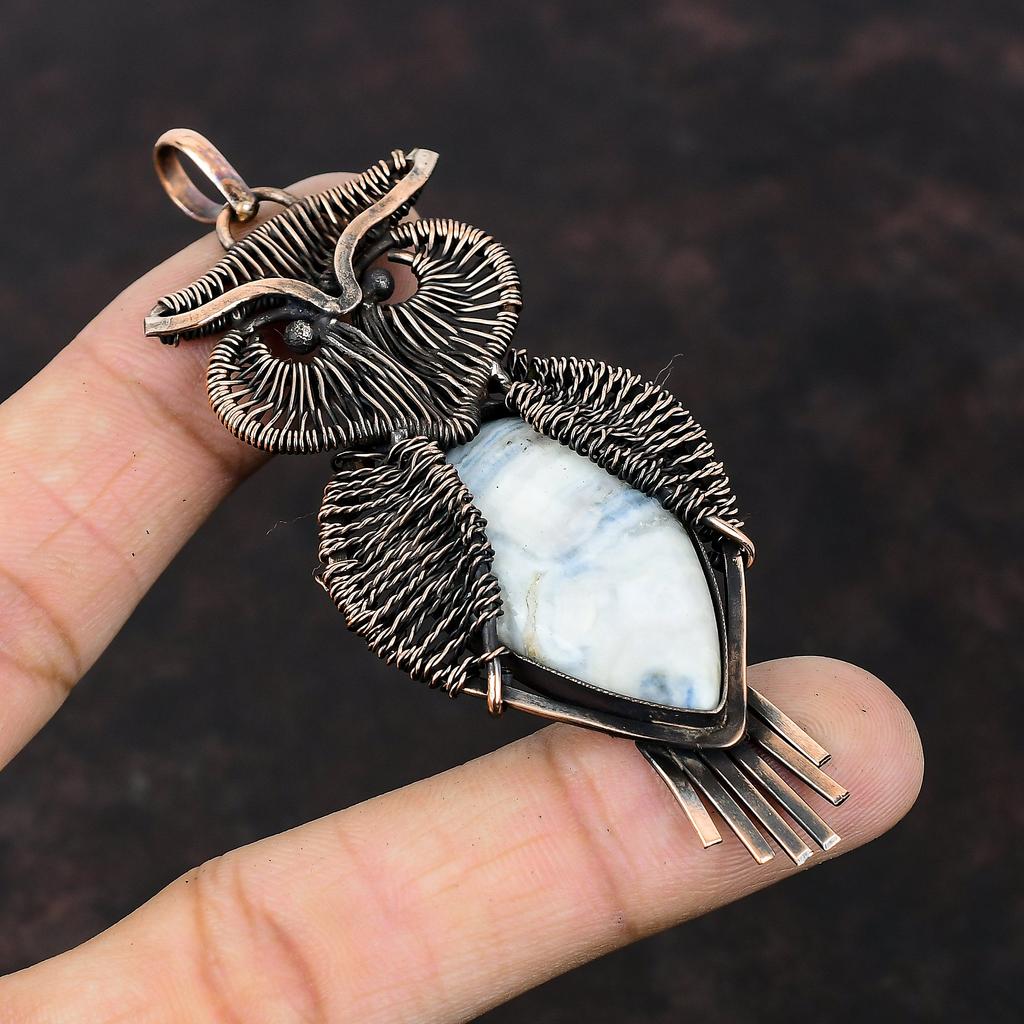 Подвеска из голубого шеелита, обернутая медной проволокой, Подвеска с драгоценным камнем, Медные украшения, Ручная работа, Подвеска-сова, Подарок на помолвку, Украшения, обернутые проволокой