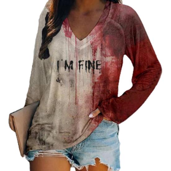 Женская футболка с V-образным вырезом и длинным рукавом с принтом «кровавые буквы», свободный крой, пуловер на Хэллоуин, топы, уличная одежда