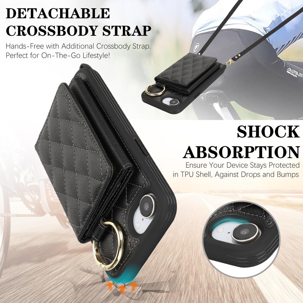 For iPhone 16e Case with Lanyard/Mirror/Card Holder Grids Pattern RFID Blocking Phone Cover