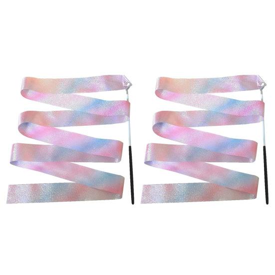 Гимнастические ленты, 2 шт., сверкающие, очень мягкие, гладкие, гибкие, с удобной ручкой, для обучения танцам, атласные детские ленты для художественной гимнастики с палочкой для детей