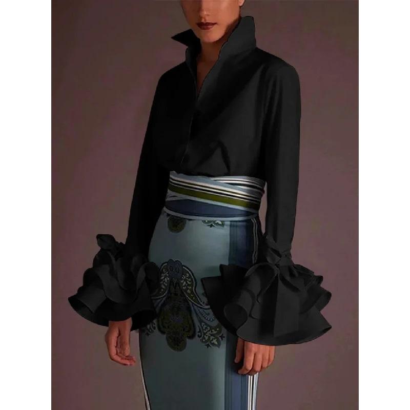 Women's Solid Colour Blouse Tops Ruffle Sleeve Blouse