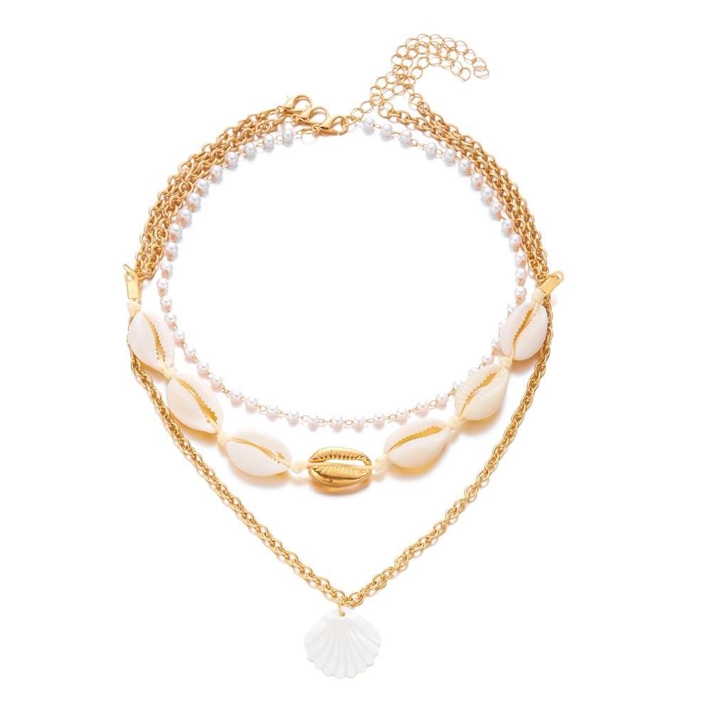 3 Layers Shell Pendant Necklace Bohemian Clavicle Chain Vintage Sweater Chain Beach