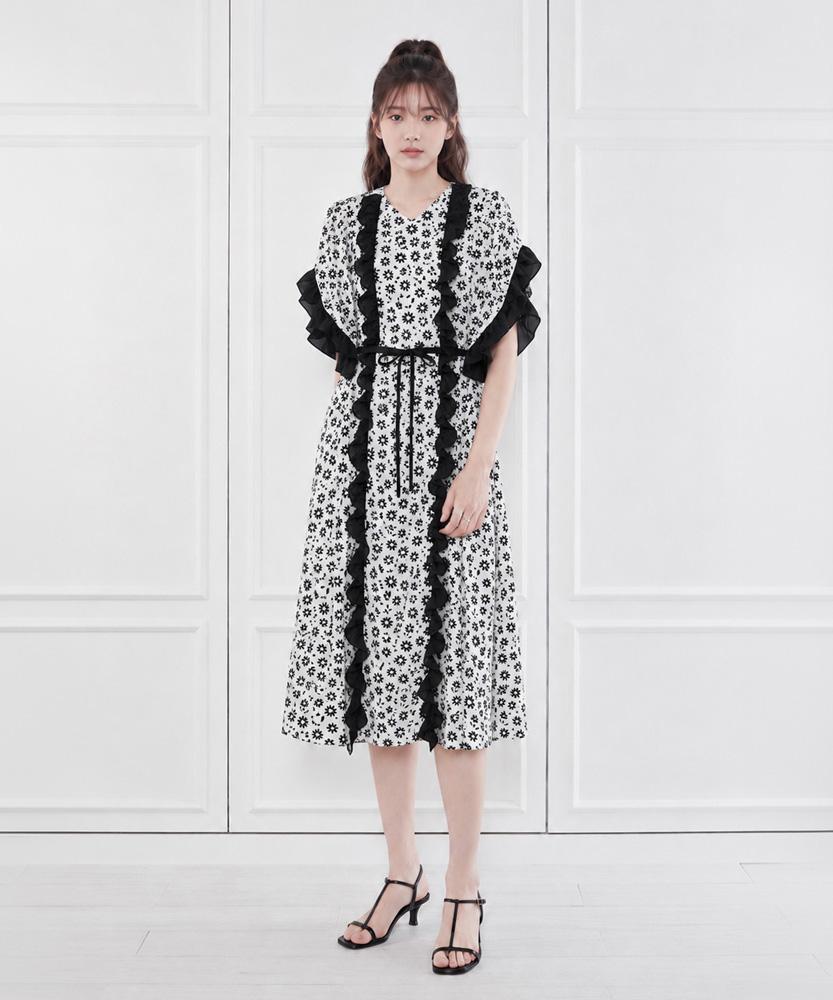 L By L White Flower Black Chiffon Frill Dress