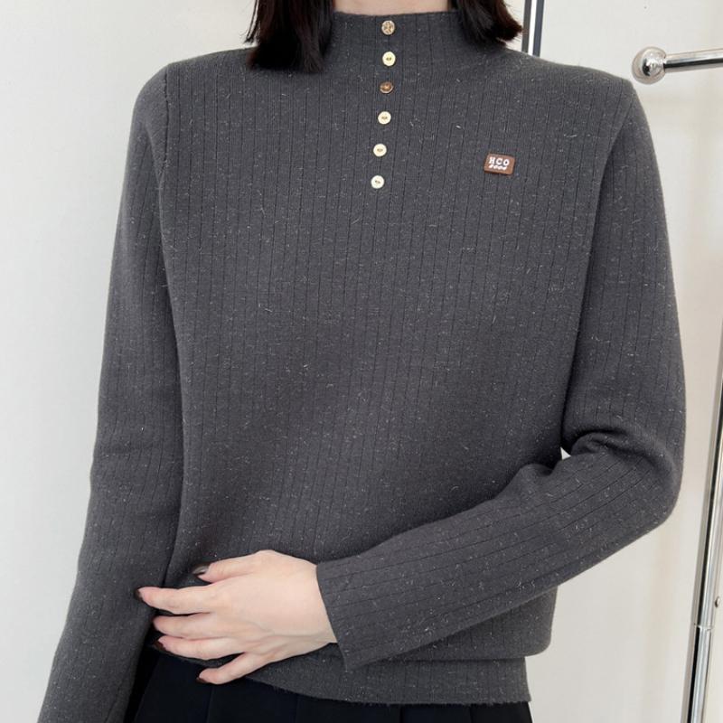 IHUASU Thickened One-piece Velvet Button Jumper Women's Autumn and Winter Half-high Neck Warm Knitted Bottoming Shirt with A Hundred Tops