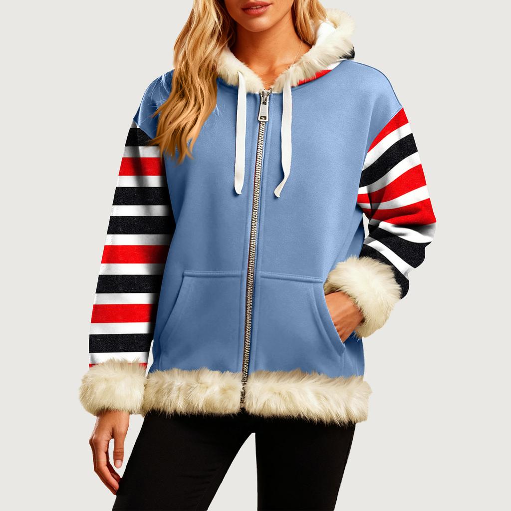 Женская Удобная Свободная Модная Повседневная Толстовка-Куртка с Длинным Рукавом, Карманами и Капюшоном с Полосатым Принтом