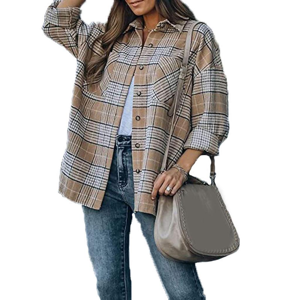 Женская куртка с длинным рукавом, повседневное пальто, блузка с лацканами и карманом, клетчатый принт, кардиган на пуговицах