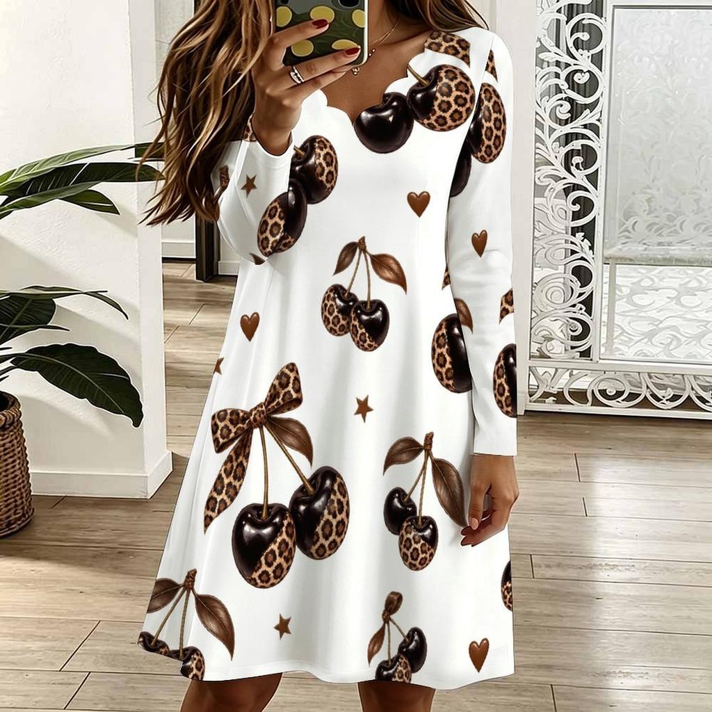 Women Plus Size Scallop V Neck Long Sleeve Peacock Printed White Casual Dress