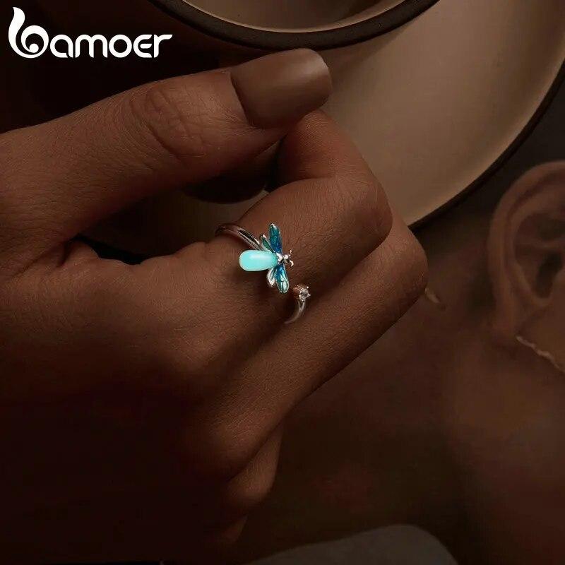 BAMOER 925 Sterling Silver Luminous Firefly Adjustable Ring & Earrings Jewelry Set Glow-in-the-dark Bee Opening Ring for Women