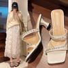 High Heels, Thin Heels, Fashionable and Sweet Legs, Long Rhinestone Sandals 2025 Summer New Shoes, Crystal Cool Slippers Women's Shoes