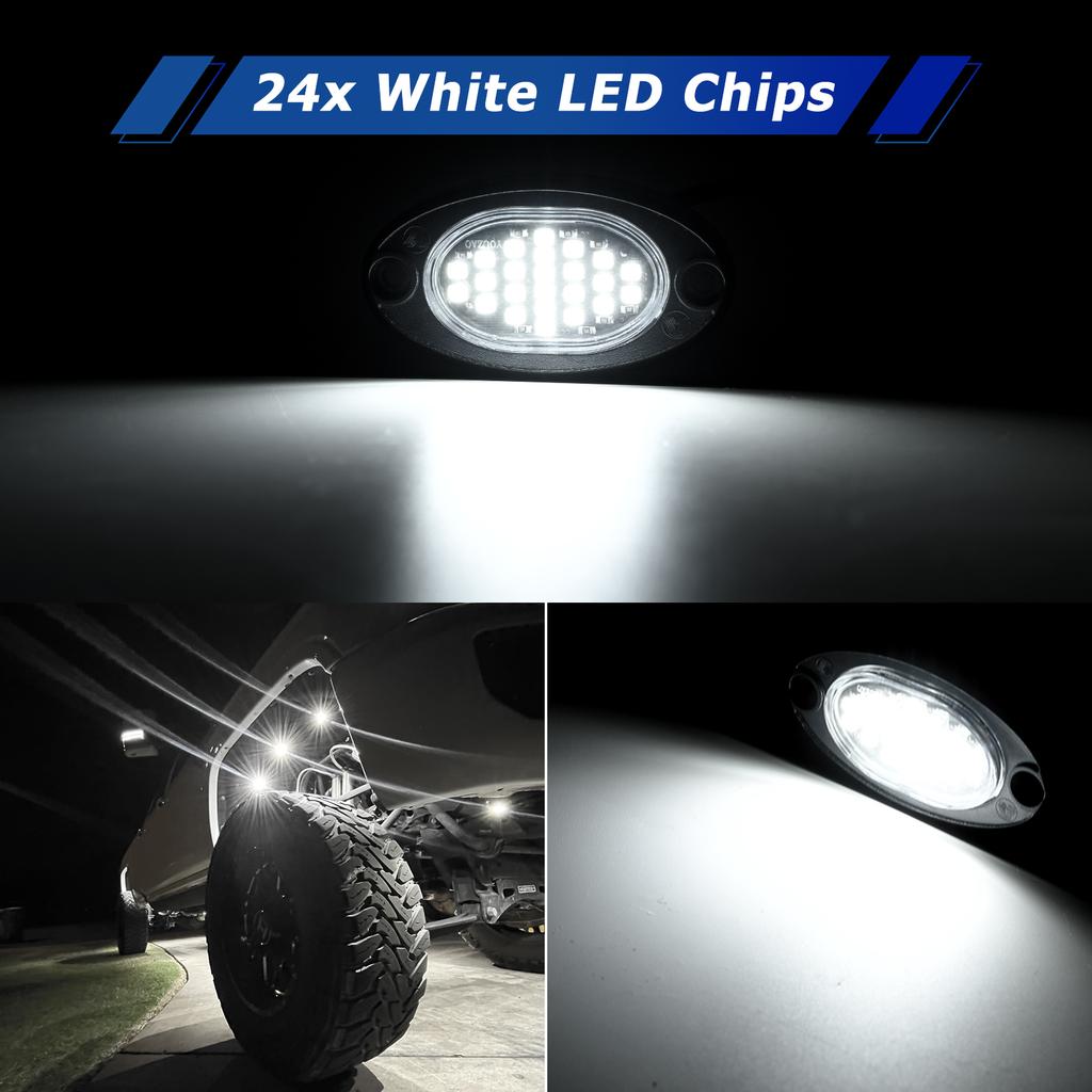 4Pcs 12V 24V White LED Car Underbody Glow Atmosphere Light 24 SMD Chassis IP67 Waterproof Wheel Stone Rock SUV Pickup Motocycle