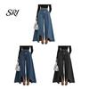 Simple Design Women Trousers Pants High Waist Buttons Zipper Closure Denim with Everyday Pockets Irregular Large Hem Wide Leg Solid Color Casual Loose