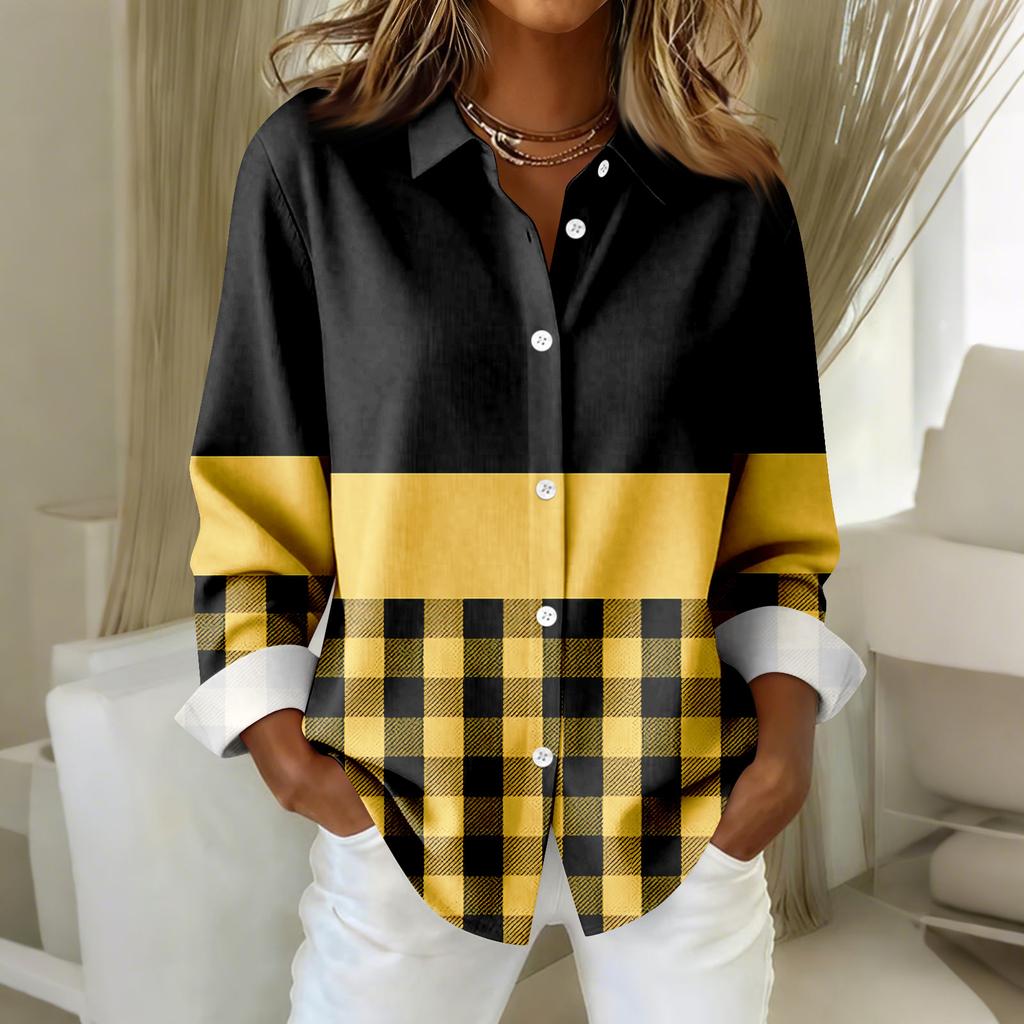 Женская рубашка-блузка с принтом и пуговицами, длинный рукав, повседневный базовый рубашечный воротник, обычный топ