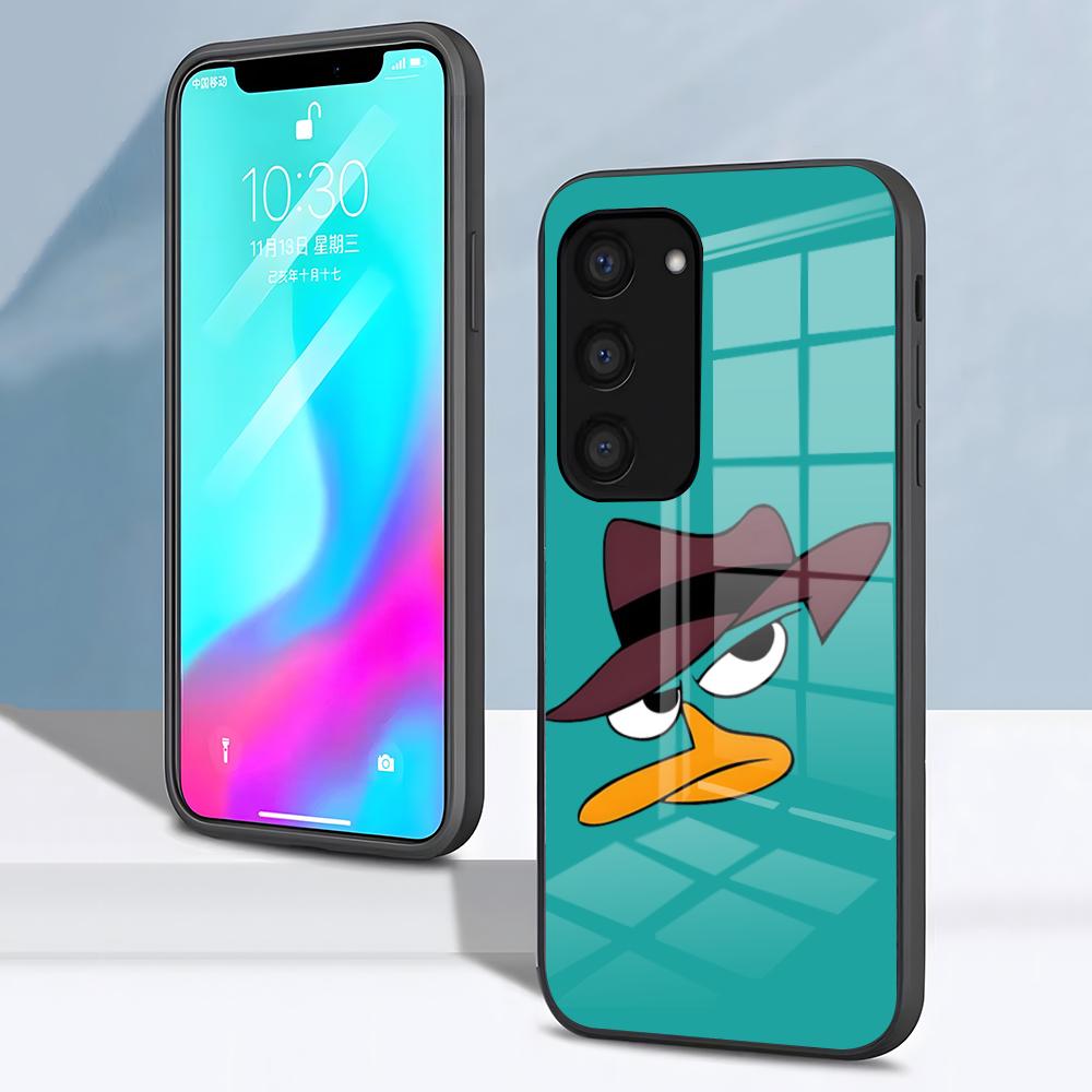Чехол для телефона P-Perry Утконос Для Samsung S26 S25 S24 FE S23 S22 S21 Plus S20 Ultra Note20Ultra Черная Стеклянная Крышка