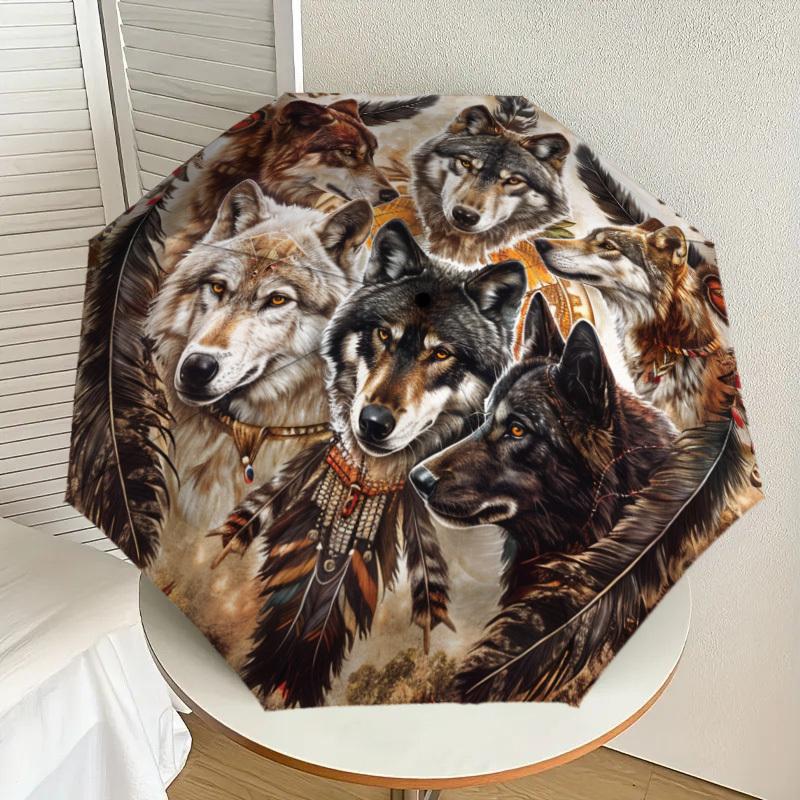 1pc Wolf Totem Circle Umbrella with Plastic Handle,Suitable for All Seasons Home Travel Outdoor UmbrellaDD976