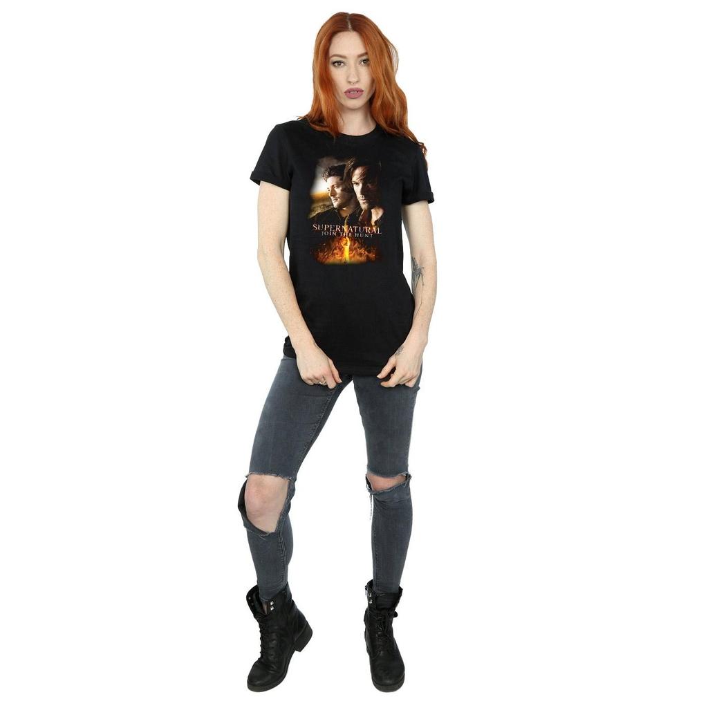 Supernatural Womens/Ladies Flaming Poster Cotton Boyfriend T-Shirt