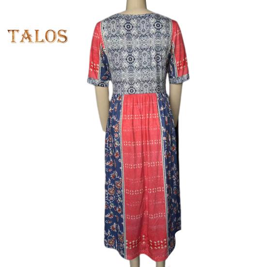 Летнее женское платье Плиссированное этническое платье с принтом А-силуэта Свободный подол Боковые карманы Круглая шея Мягкие богемные короткие рукава До середины икры Женские повседневные миди