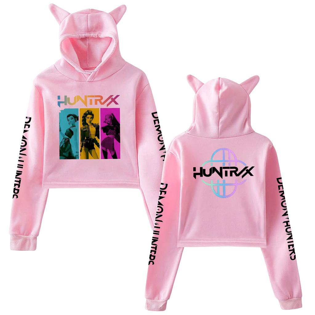Kpop Истребители демонов Кроп-топы Кошачьи ушки Двусторонние Кроп-топы с длинным рукавом Модная толстовка для девочек