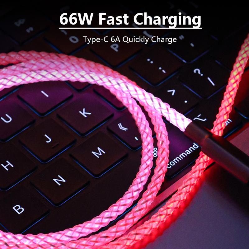 VAORLO 66W 6A Кабель для передачи данных RGB Светящийся заряд Быстрая зарядка для iPhone Type-C USB-зарядное устройство Высококачественный кабель для передачи данных