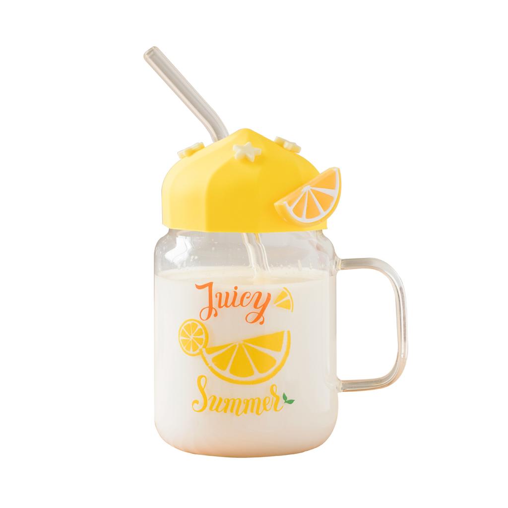 Beautiful Summer Transparent Fruit High Temperature Glass Cup Cute Large Capacity Cover Straw Student Female Milk Breakfast Cup Office