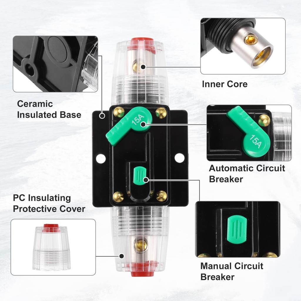 uxcell Автомобильный автоматический выключатель с ручным сбросом, встроенный держатель предохранителя, защита постоянного тока 12 В - 48 В 15 А, черный, зеленый, 2 шт.