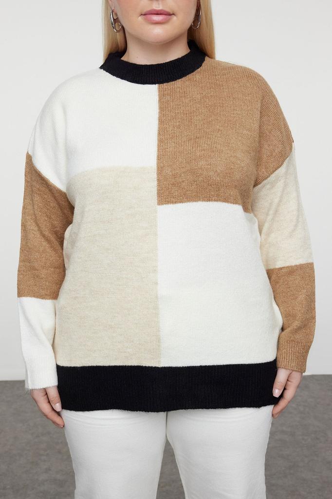Women's Fashionable Stylish Plus Size Sweater Multi-Colored Blocked Crew Neck Knitwear Sweater