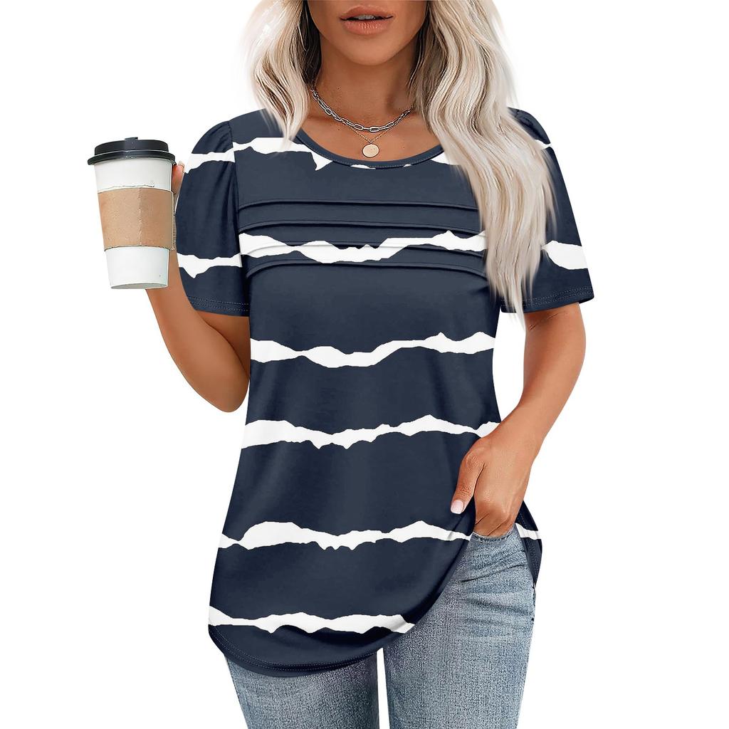 Футболки для женщин, плиссированные, с круглым вырезом, нарядные, повседневные, блузки с принтом, с коротким рукавом, летние топы, свободный крой