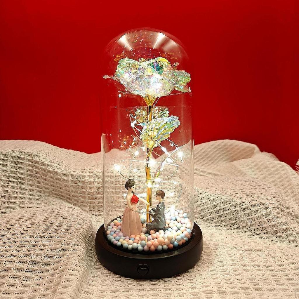 Light Up Rose In Glass Dome Artificial Flower Gift for Women Valentine's Day Home Decor Bedside