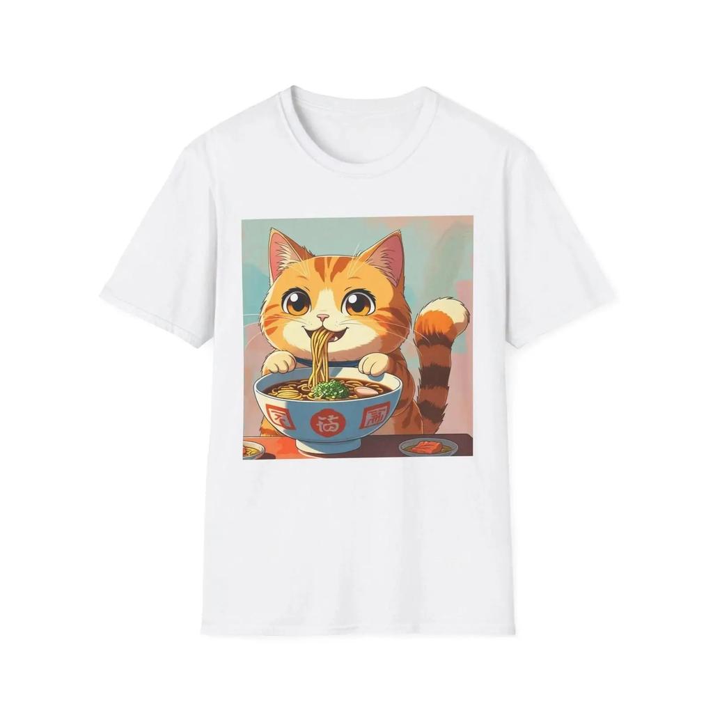 Anime cat eating ramen vintage Washed Unisex For Everyday Wear homme designer clothes Slightly