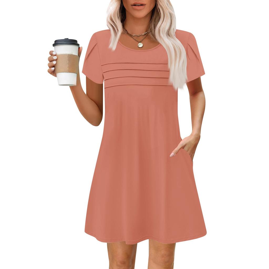 Women's Summer Casual Petal Slim Stripe Pleated Solid Color Dresses