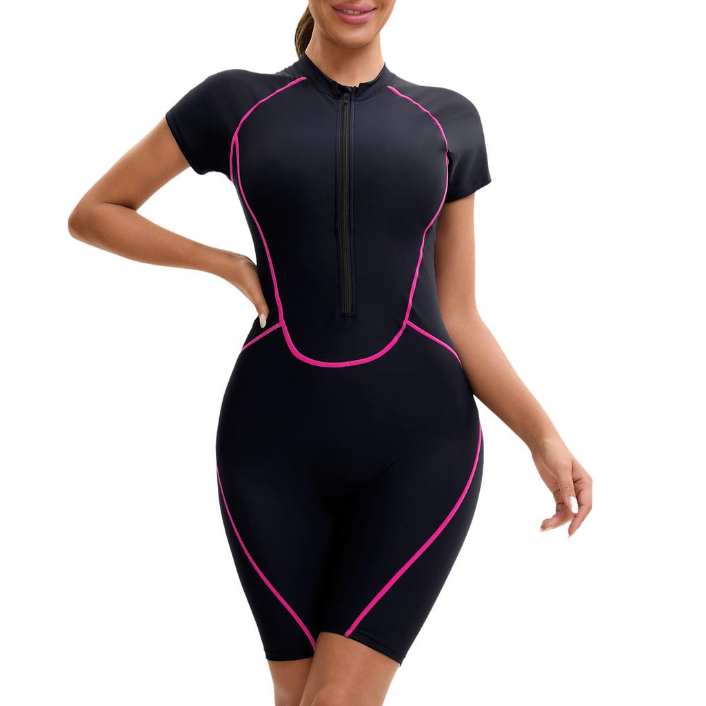 Женский слитный купальник с короткими рукавами на молнии и плоским углом, женские плавки с тремя точками и подкладкой для груди
