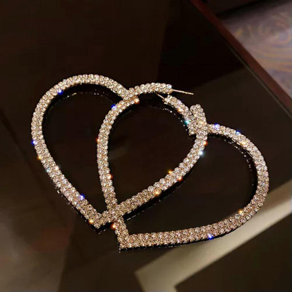RSAMD Fashion Big Heart Crystal Hoop Earrings for Women Geometric Rhinestones Earr`jo-Silver