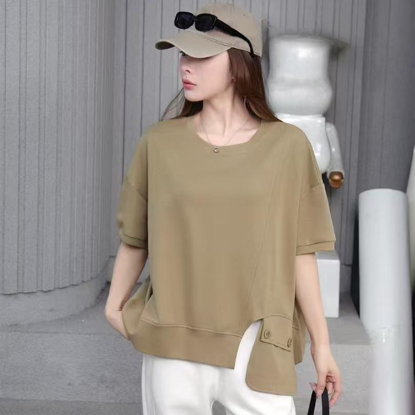 Dimanaf 2025 Plus Size Летняя однотонная белая футболка с изображением летучей мыши Женская футболка с коротким рукавом и карманами на пуговицах Свободные топы