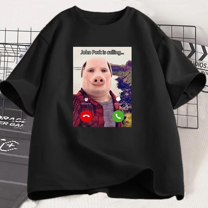 Новые футболки John Pork Is Calling Смешная графическая футболка Топ Женская Мужская Оверсайз Юмор Мем Свинья Дизайн Одежда Уличная Одежда