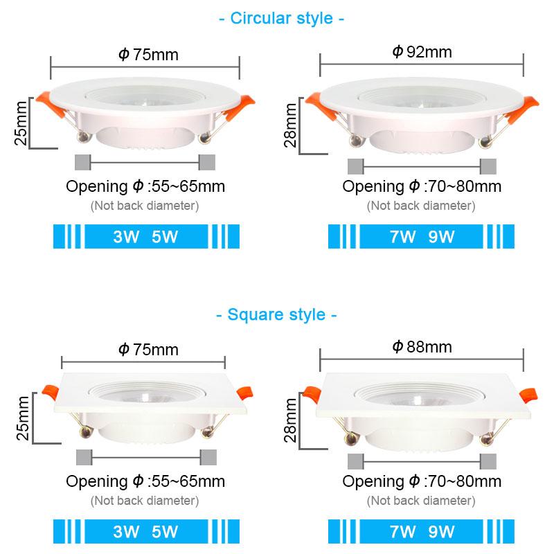 20pcs Led Downlight 5W 7W 9W 12W 110V/220V Ceiling Lamp Recessed Down Light Round/Square Leds Panel Light Spotlight